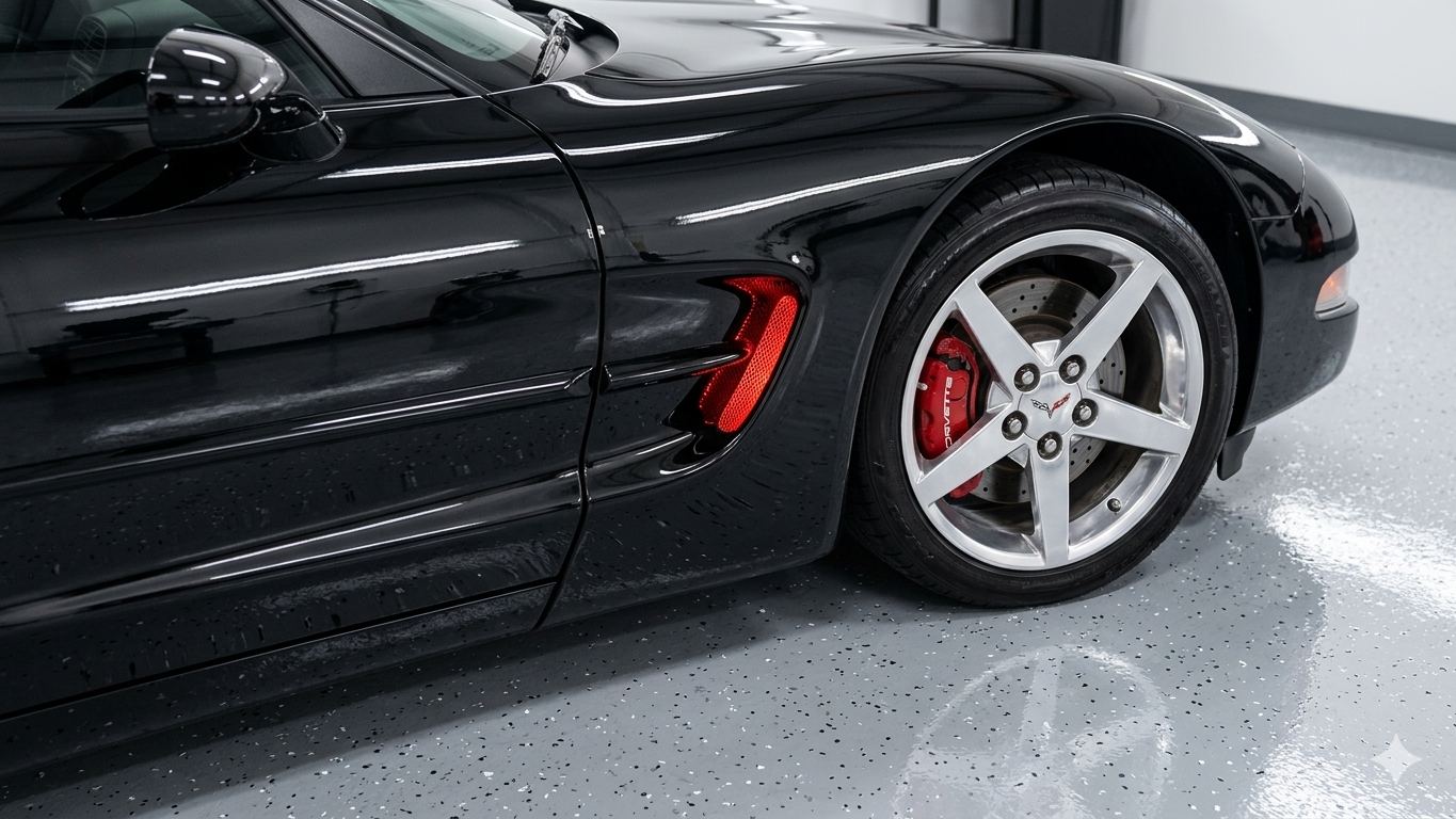Gloss black Chevrolet Corvette C5 front fender showcasing the side cove vent and silver five spoke wheel.